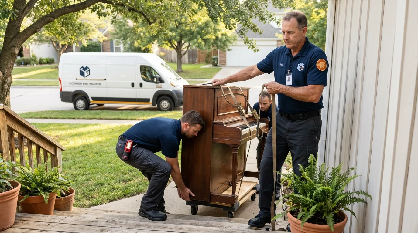 Licensed piano movers securing grand piano in Daniels, WV