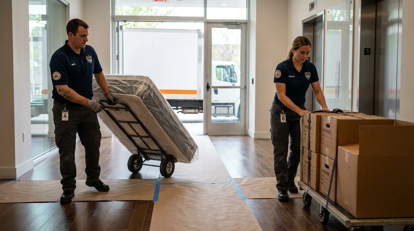Professional apartment movers loading elevator in Daniels, WV