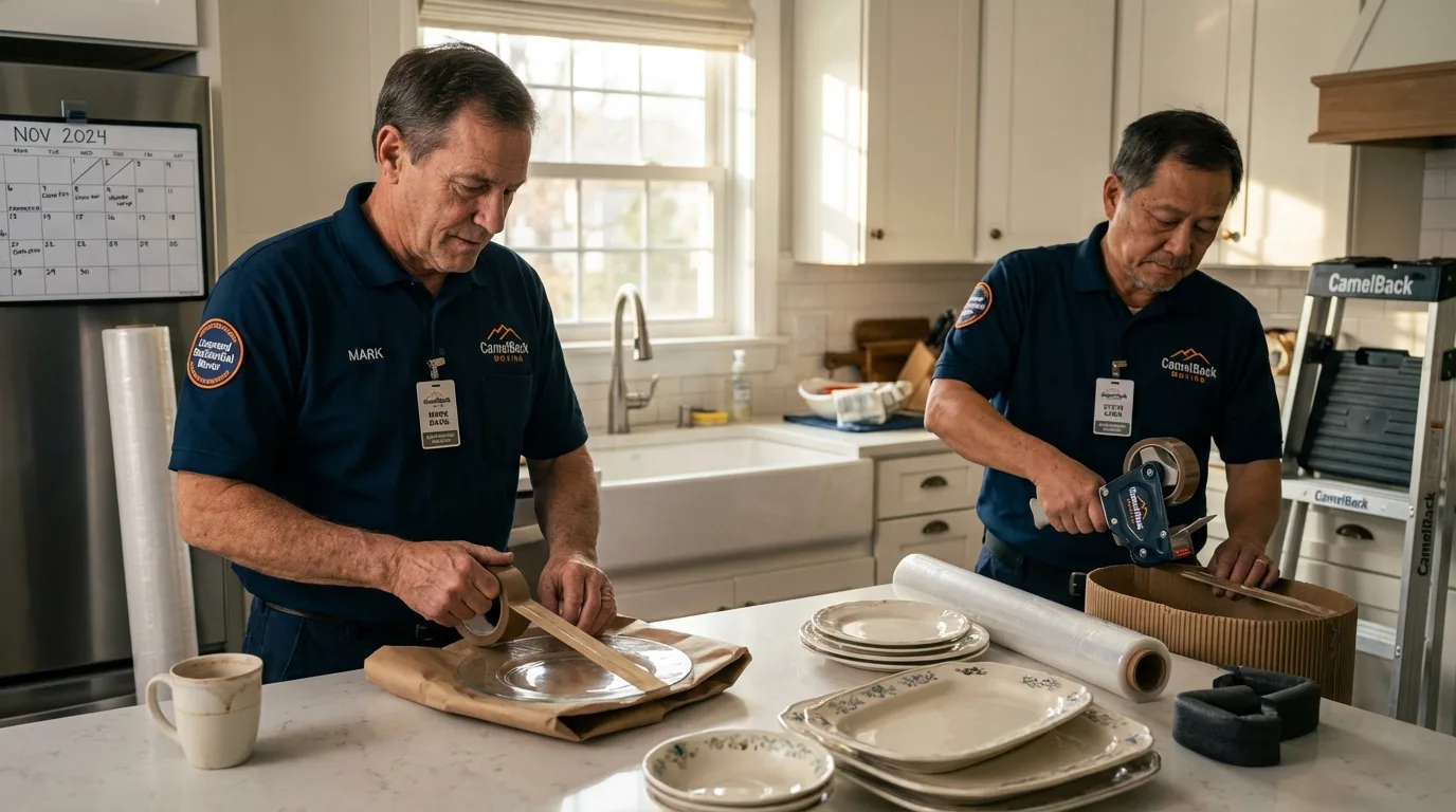 Professional crew packing kitchen dishware in Daniels, WV